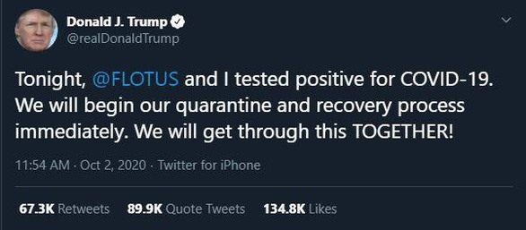 Tổng thống Trump và đệ nhất phu nhân dương tính với COVID-19