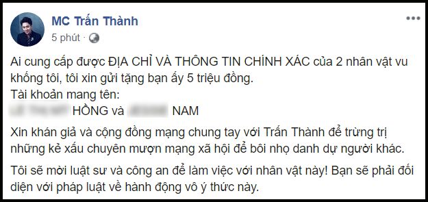 Trấn Thành chỉ thẳng tên, treo thưởng 5 triệu đồng cho người cung cấp thông tin kẻ tung tin mình đi bay, dùng chất cấm
