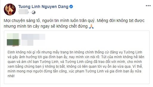 Hoa hậu Tường Linh lần đầu lên tiếng khi bị đồn nằm trong đường dây bán dâm: ‘Cây ngay sẽ không chết đứng’